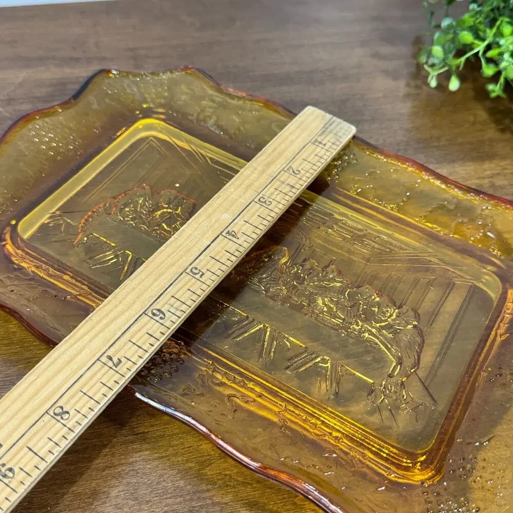 Vintage Tiara Indiana Glass Amber Gold Lord's Supper Last Supper Tray 11